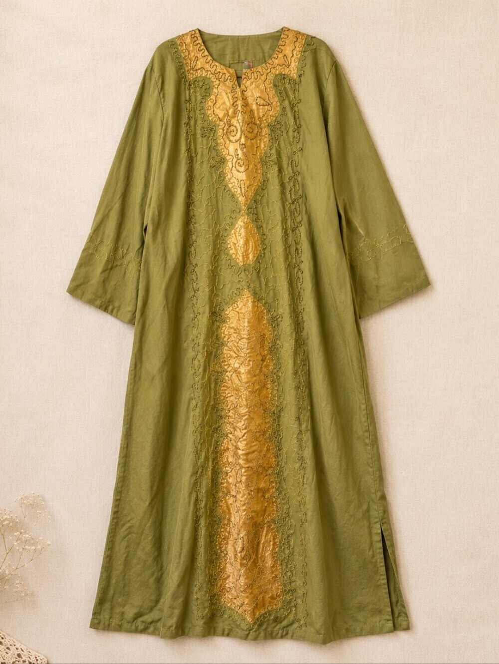 Vintage 60s 70s Kaftan Dress | Olive Green Gold Embroidered Maxi | Boho Resort